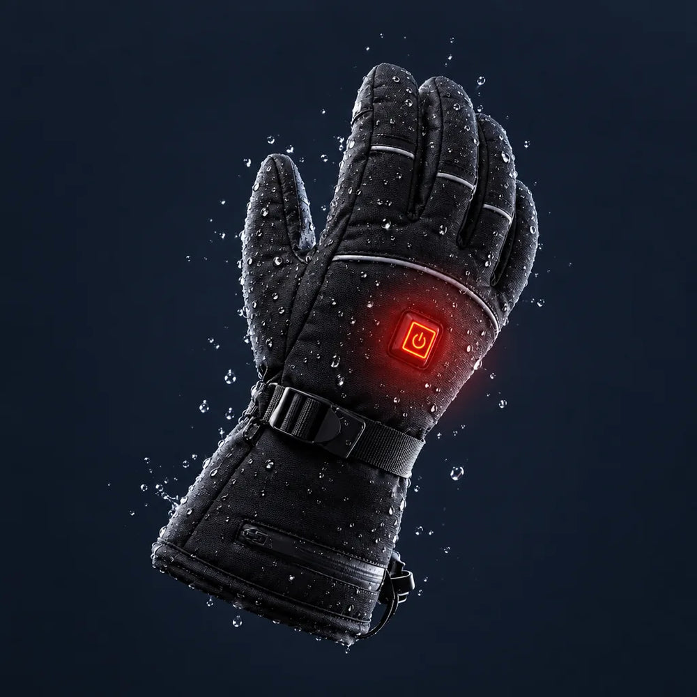 Gant chauffant rechargeable noir avec bouton lumineux, gouttes d'eau sur la coque imperméable