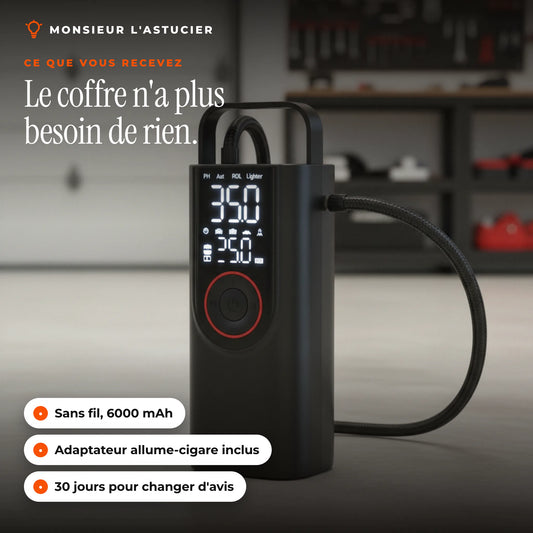 Gonfleur pneu sans fil sur un plan d'atelier : sans fil, 6000 mAh, adaptateur allume-cigare inclus