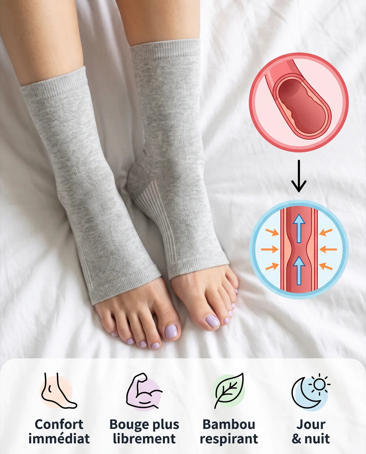 Manchons portés au lit : douceur, respirant, maintien doux, bout ouvert