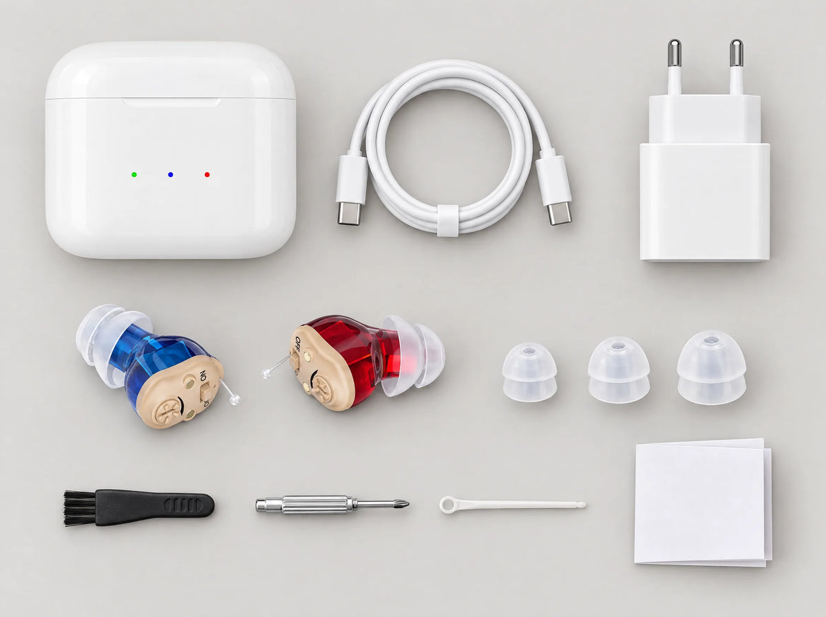 Le contenu de la boîte vu de dessus : boîtier de charge, câble USB-C et adaptateur secteur, deux appareils, trois embouts en silicone (S, M, L), brosse, tournevis, cure-cérumen et livret