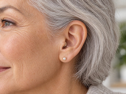 Gros plan sur l'oreille d'une femme aux cheveux argentés : l'appareil est à peine visible à l'entrée du conduit