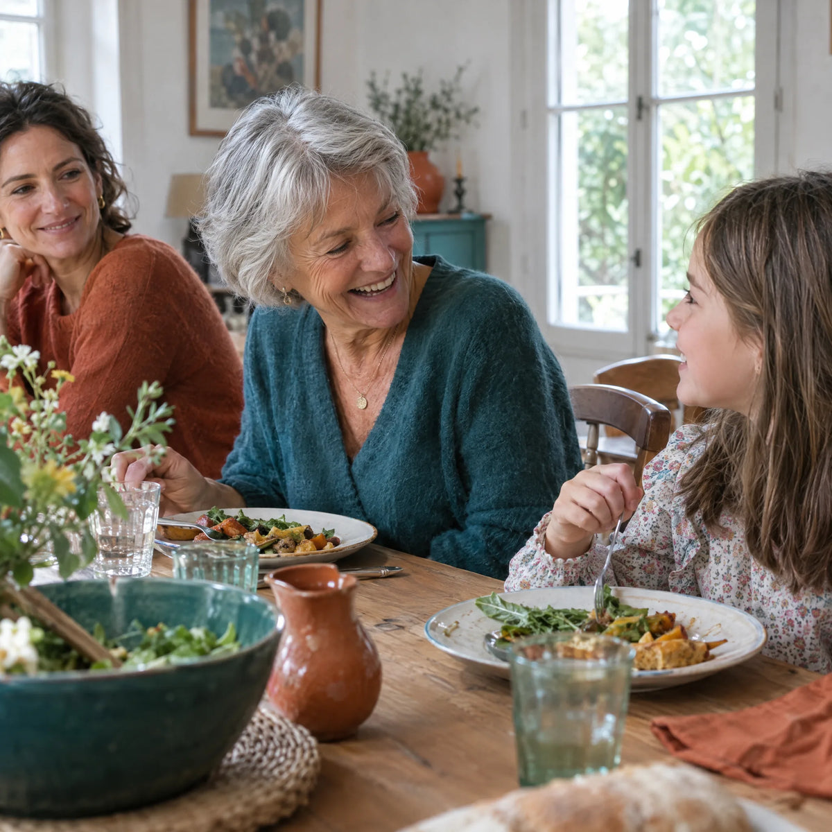 Une grand-mère rit à table avec sa famille lors d'un déjeuner dans une salle à manger lumineuse