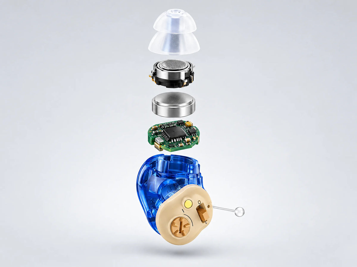 Vue éclatée d'un appareil : embout en silicone, haut-parleur, batterie, circuit électronique et coque avec molette de volume