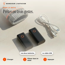 Contenu de la boite : les deux batteries 5000 mAh et le cable USB