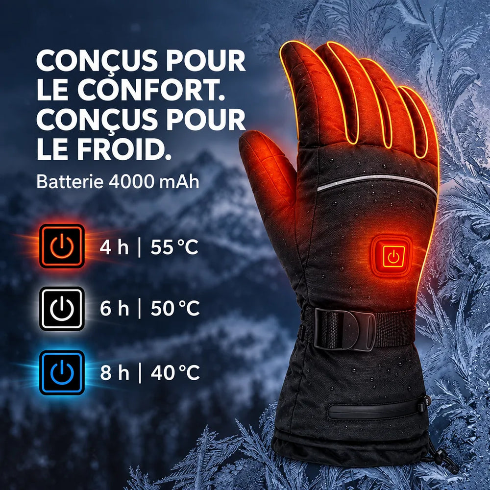 Gants chauffants : 3 niveaux de chauffe, 4 h à 55 °C, 6 h à 50 °C, 8 h à 40 °C