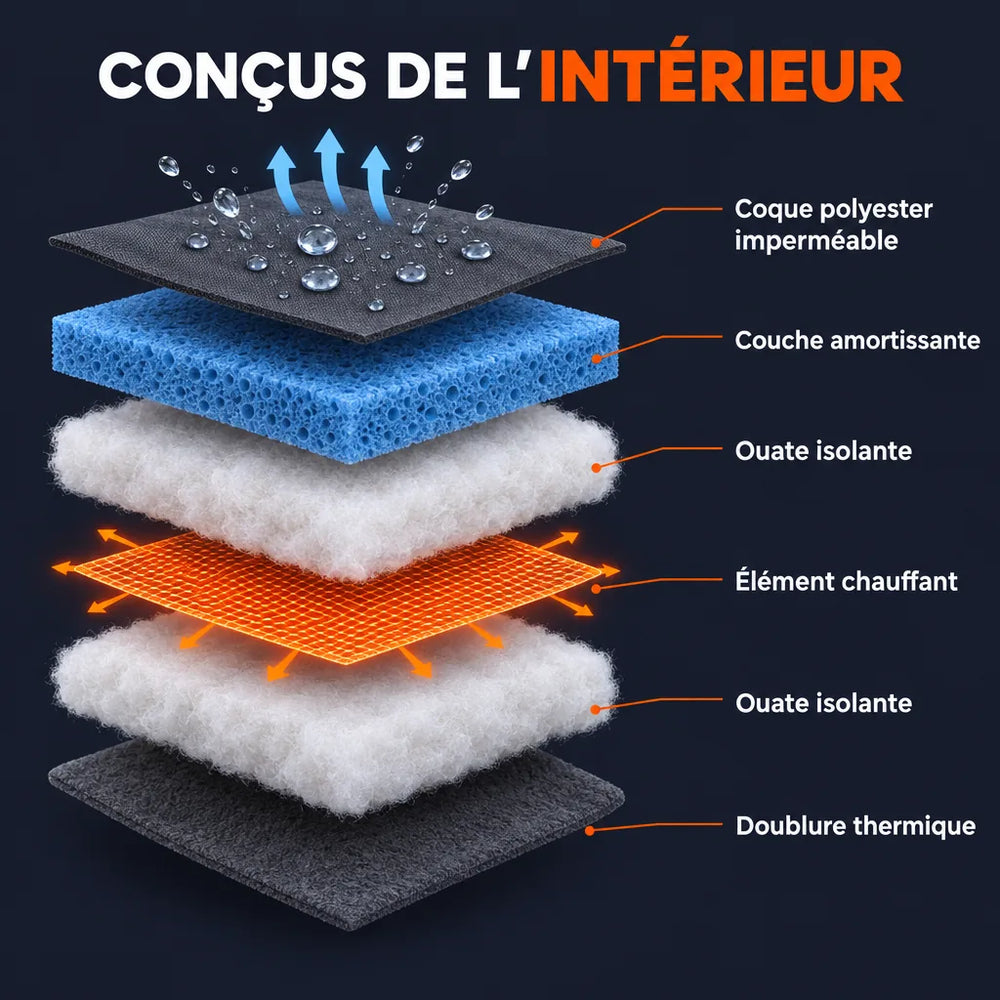 Structure 6 couches des gants chauffants : coque imperméable, amorti, ouate, élément chauffant, doublure thermique