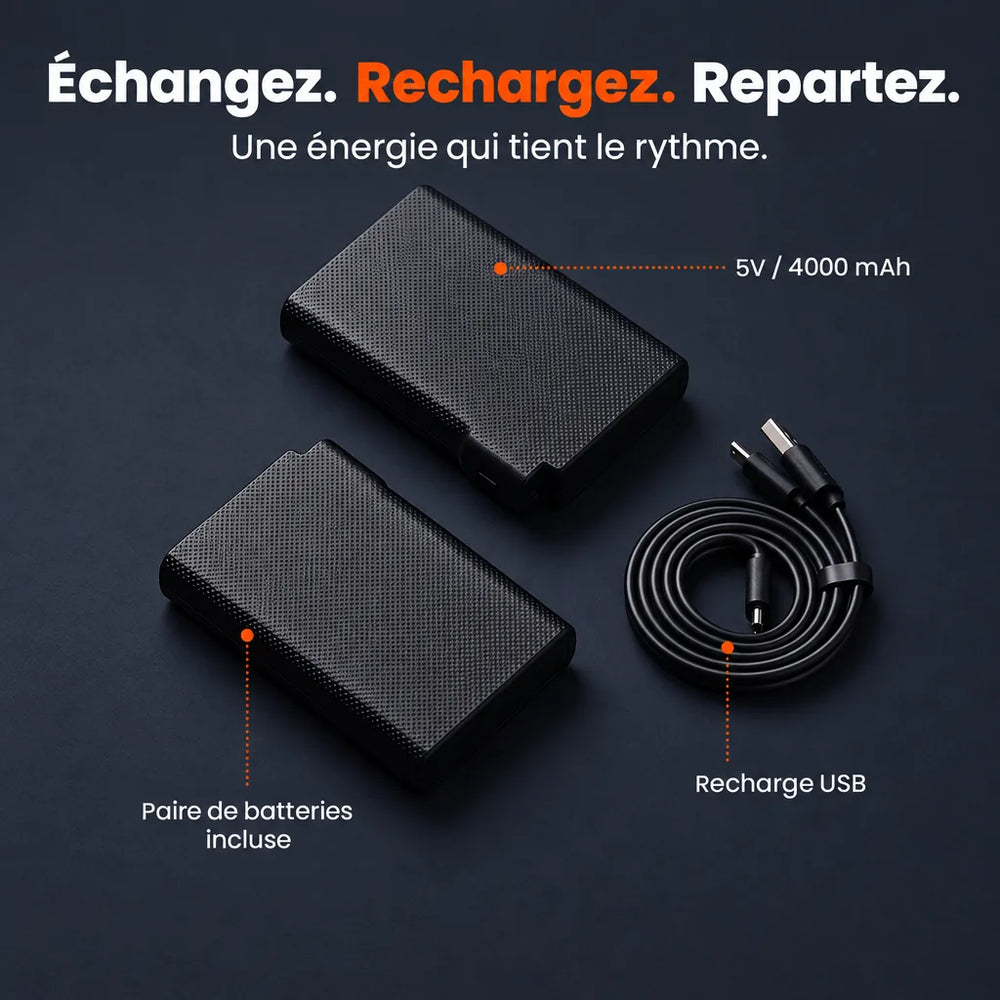 Deux batteries rechargeables 5V 4000 mAh et câble de recharge USB pour gants chauffants