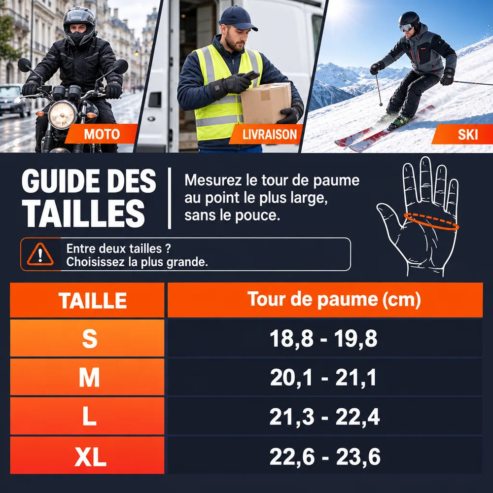 Guide des tailles gants chauffants : tour de paume en cm, S à XL
