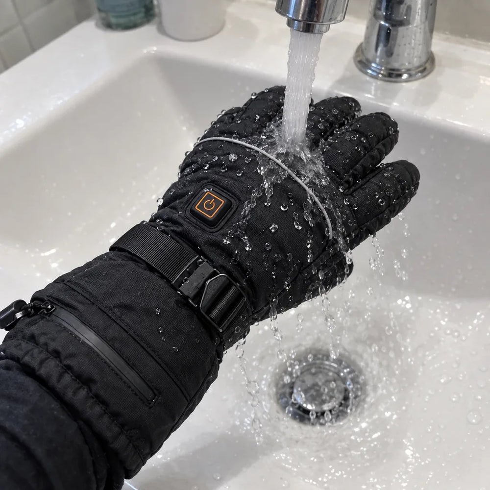 Gant chauffant imperméable testé sous le robinet, eau qui perle sur le tissu