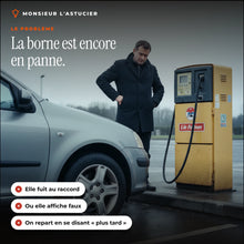 Automobiliste devant une borne de gonflage hors service dans une station-service
