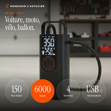 Caracteristiques du gonfleur : 150 PSI, 6000 mAh, 4 modes, recharge USB-C