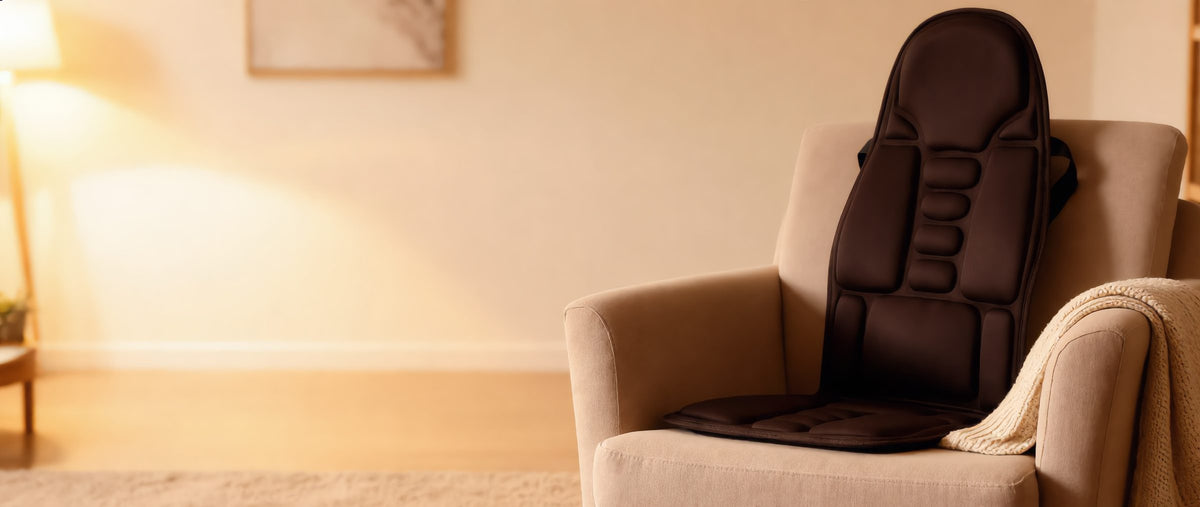 Coussin de massage shiatsu installé sur un fauteuil dans un salon chaleureux