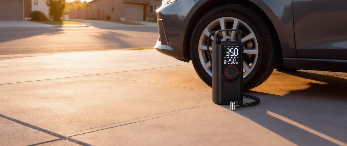 Gonfleur pneu sans fil devant une roue de voiture au coucher du soleil
