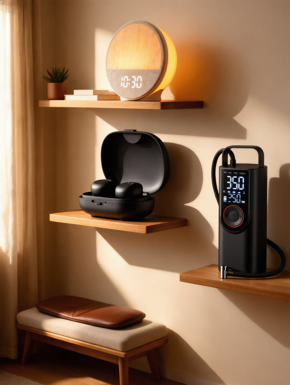 Les gadgets Monsieur l'Astucier présentés sur des étagères en bois clair
