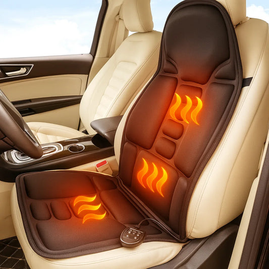 Coussin de massage chauffant installé sur un siège de voiture, zones de chaleur lombaire illustrées