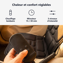 Télécommande en main : chauffage lombaire, minuterie 15 ou 30 minutes et niveaux d'intensité