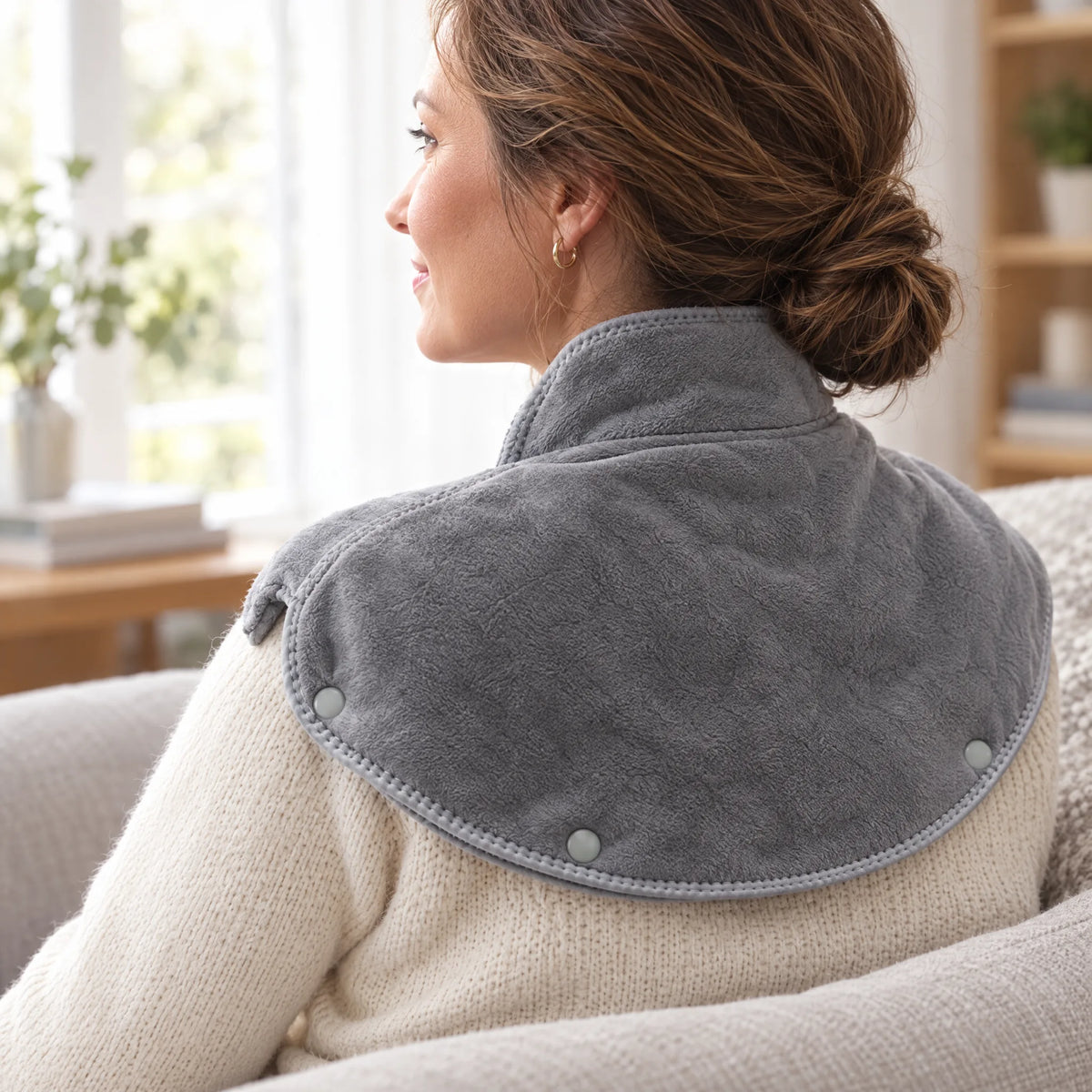 Femme portant le coussin chauffant, vue de dos