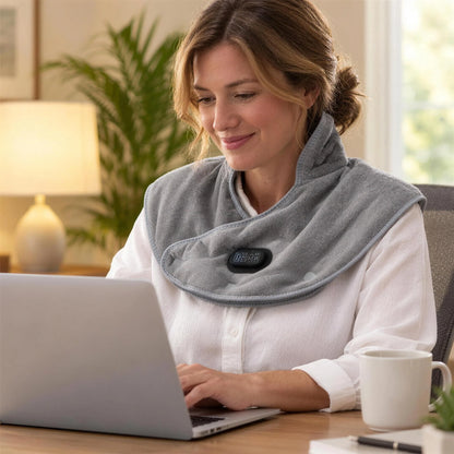 Femme travaillant au bureau avec le coussin chauffant sur les épaules