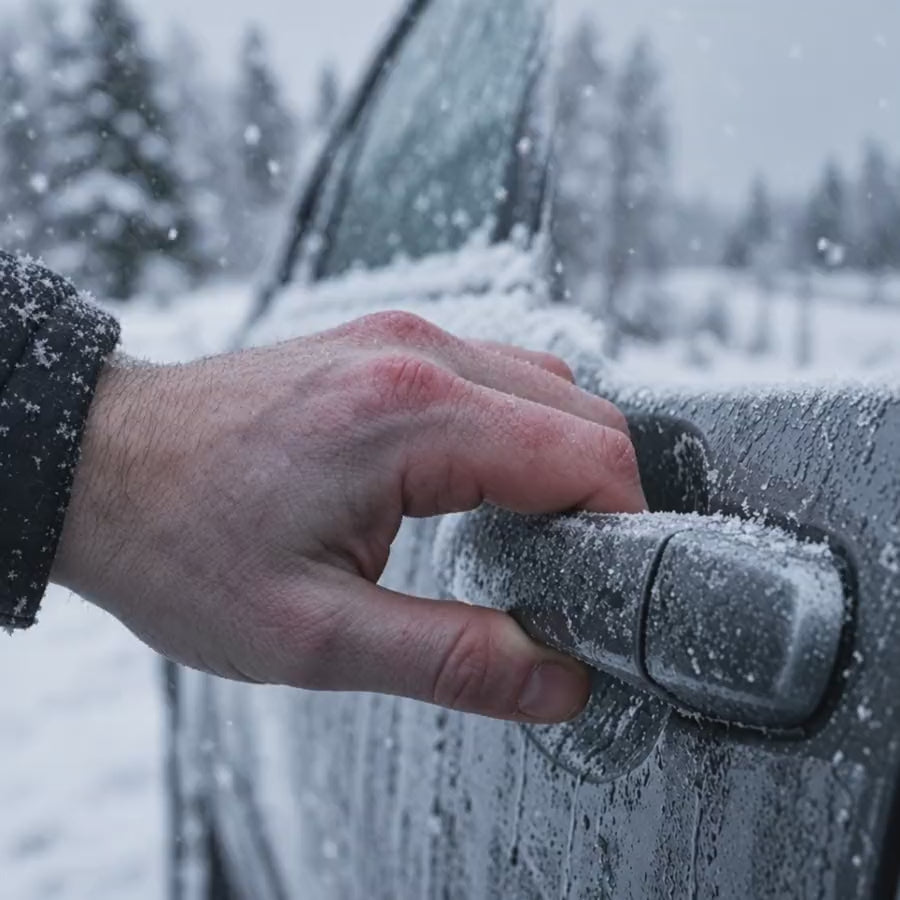 Main nue engourdie par le froid sur une poignée de portière gelée