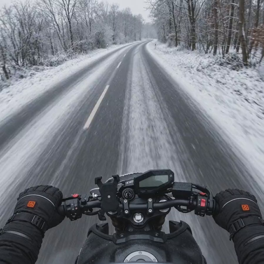 Vue du guidon à moto avec des gants chauffants sur une route enneigée