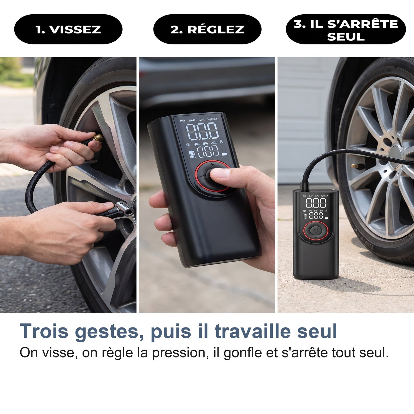 Gonfleur Pneu Voiture Sans Fil 150 PSI, Batterie 6000 mAh et Arrêt Auto