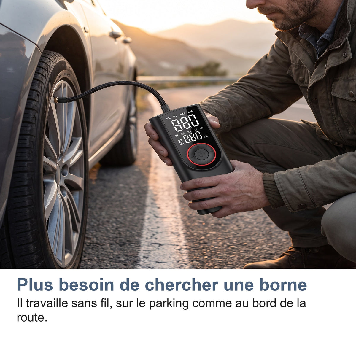 Gonfleur Pneu Voiture Sans Fil 150 PSI, Batterie 6000 mAh et Arrêt Auto