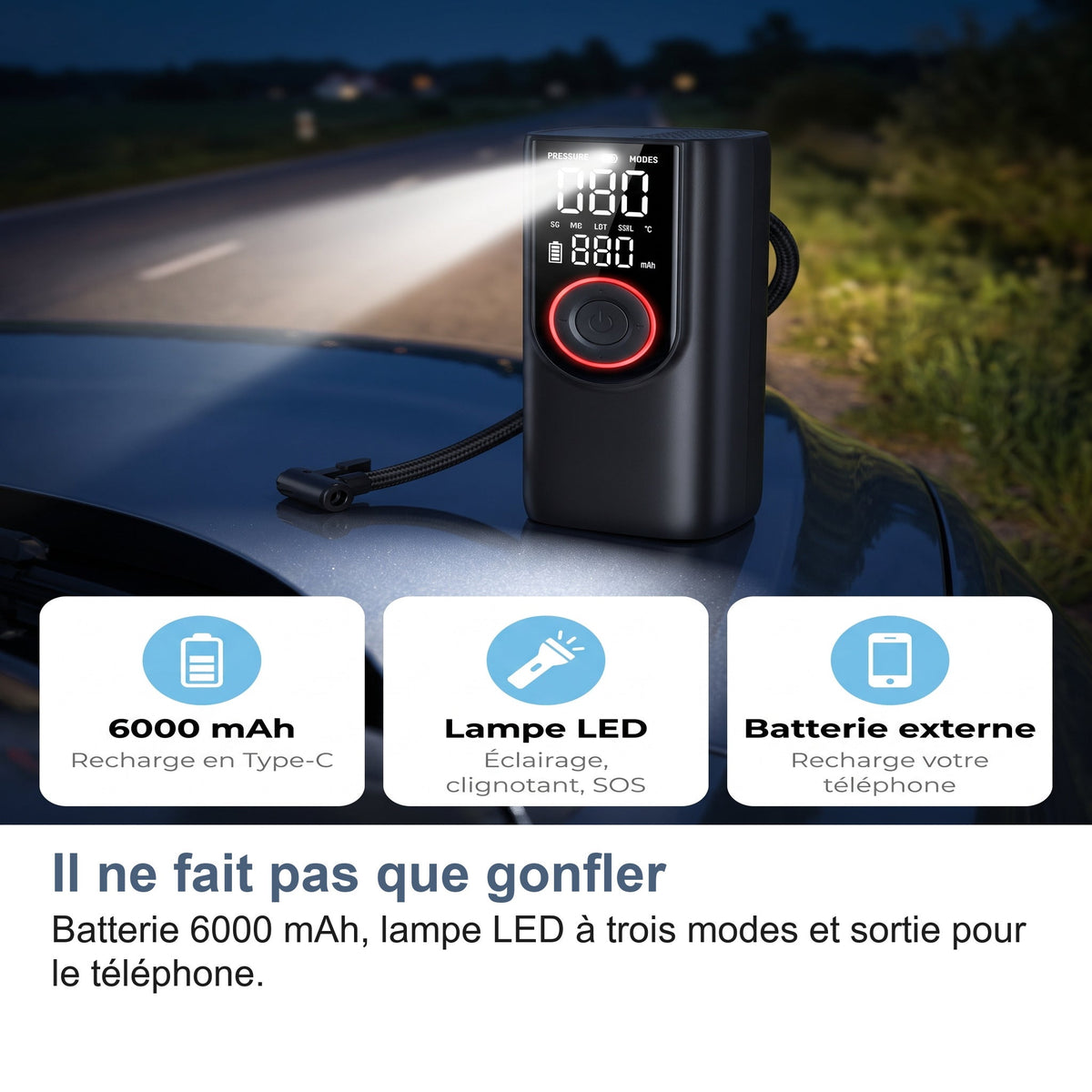 Gonfleur Pneu Voiture Sans Fil 150 PSI, Batterie 6000 mAh et Arrêt Auto