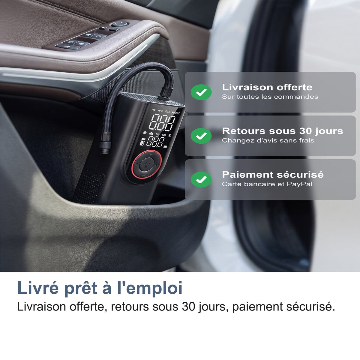 Gonfleur Pneu Voiture Sans Fil 150 PSI, Batterie 6000 mAh et Arrêt Auto