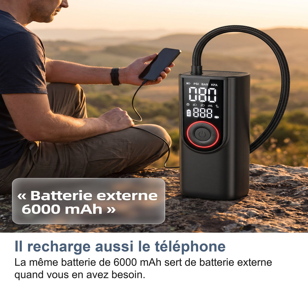 Gonfleur Pneu Voiture Sans Fil 150 PSI, Batterie 6000 mAh et Arrêt Auto
