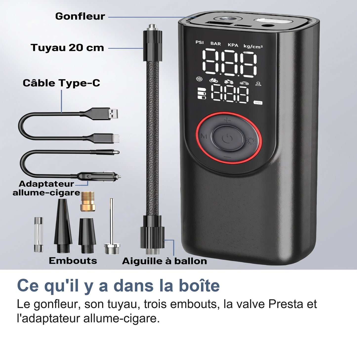 Gonfleur Pneu Voiture Sans Fil 150 PSI, Batterie 6000 mAh et Arrêt Auto