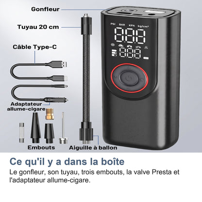Gonfleur Pneu Voiture Sans Fil 150 PSI, Batterie 6000 mAh et Arrêt Auto