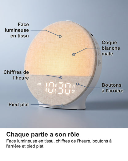 Réveil Simulateur d'Aube Lumineux, 12 Couleurs et 30 Sons Naturels