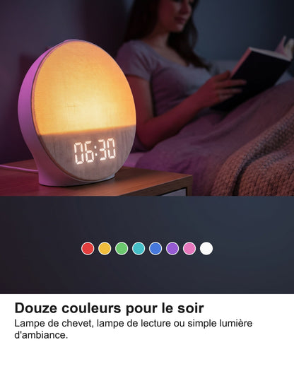 Réveil Simulateur d'Aube Lumineux, 12 Couleurs et 30 Sons Naturels