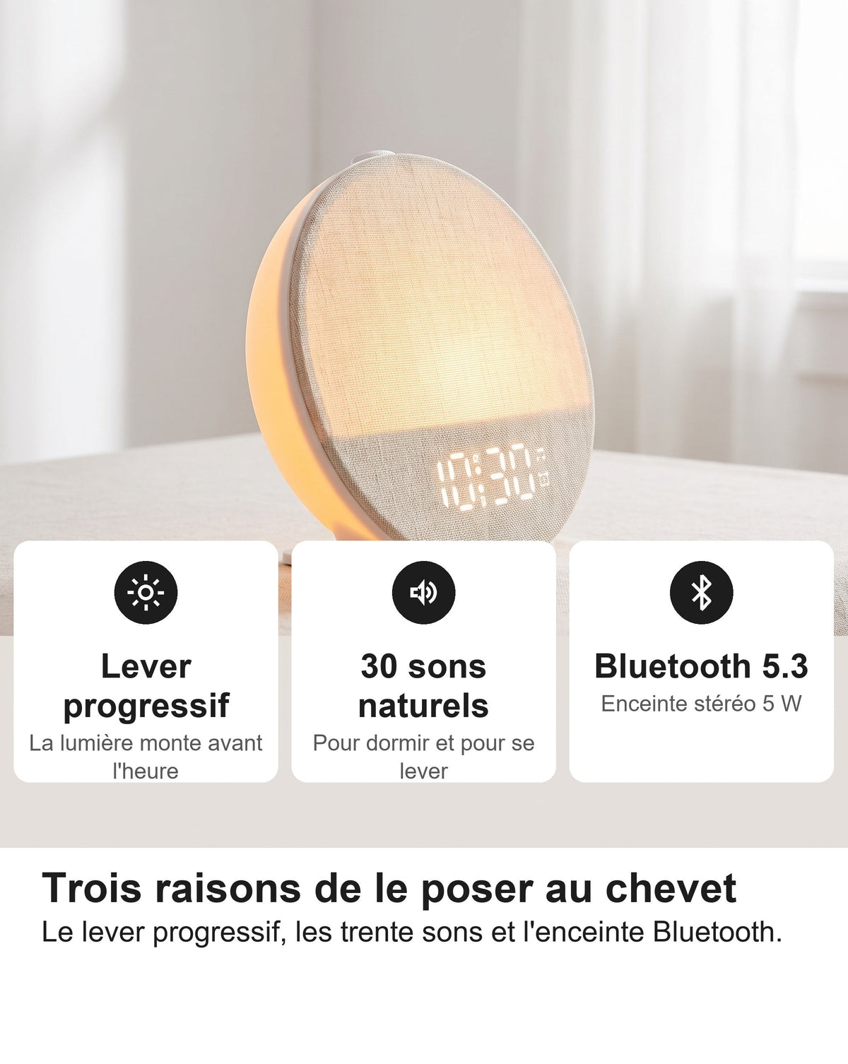 Réveil Simulateur d'Aube Lumineux, 12 Couleurs et 30 Sons Naturels