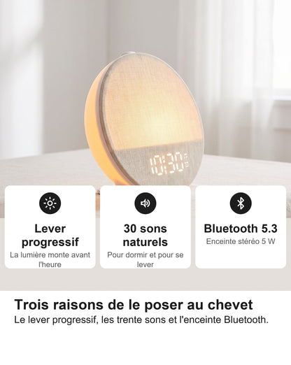 Réveil Simulateur d'Aube Lumineux, 12 Couleurs et 30 Sons Naturels