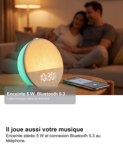 Réveil Simulateur d'Aube Lumineux, 12 Couleurs et 30 Sons Naturels